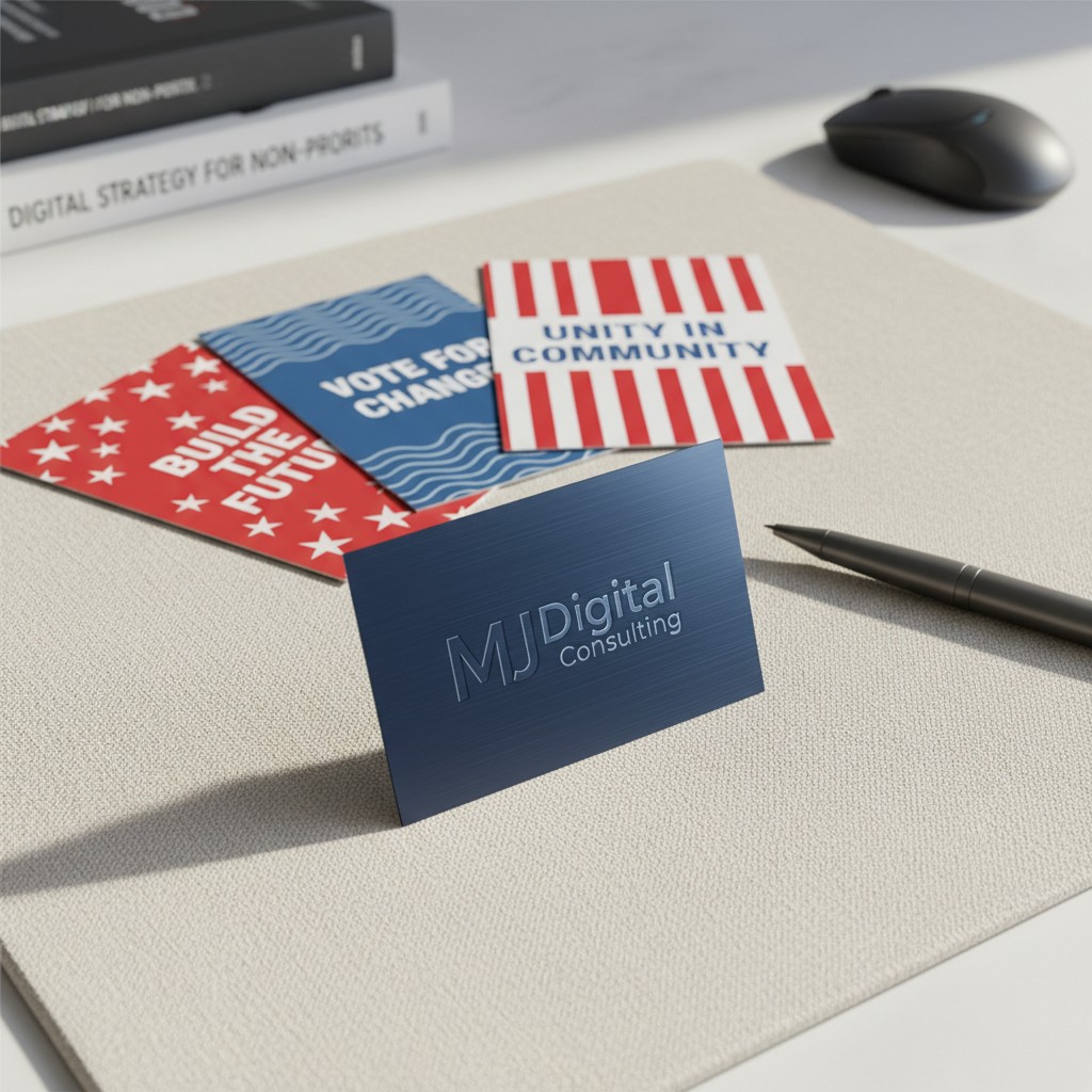business cards on a desk with the text "MJ Digital Consulting" and some books with political themes.