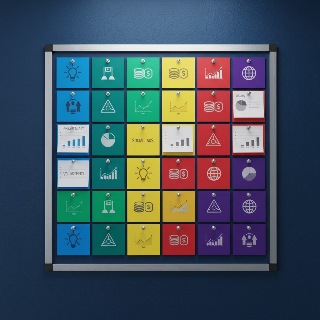 An image of a board with several colored squares, each containing a different icon.