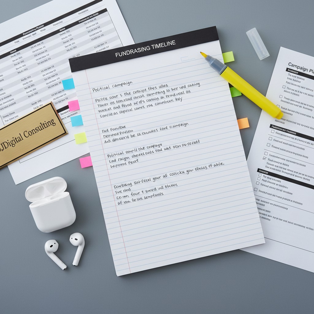A sheet of paper with a "Fundraising Timeline" title partially visible on top, featuring raised tabs with sticky notes, a ...
